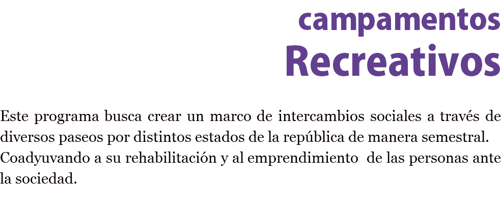 campamentos Recreativos Este programa busca crear un marco de intercambios sociales a través de diversos paseos por distintos estados de la república de manera semestral.
Coadyuvando a su rehabilitación y al emprendimiento de las personas ante la sociedad. 